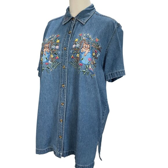 Vintage Cat Embroidered Denim Shirt Cottagecore Coquette Whimsical Floral - Picture 10 of 12